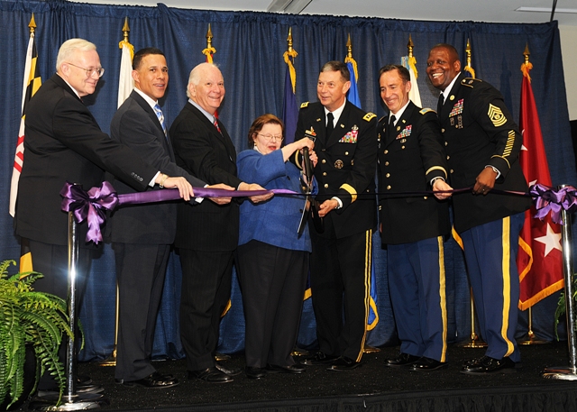 DISA BRAC Executive Dave Bullock; Maryland Lieutenant Governor Anthony Brown; Senator Ben Cardin; Senator Barbara Mikulski; DISA Director Army LTG Carroll Pollett; Fort Meade Installation Commander Army COL Daniel Thomas; and DISA Senior Enlisted Advisor Army CSM Donald Manley. 2011_04_DISA_Ribbon_Cutting_Ceremony.Web_.1