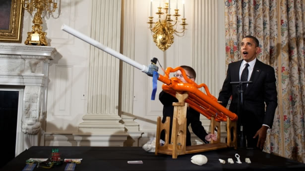 President Barack Obama demos Joey Hudy's Extreme Marshmallow Cannon (Photo: White House Photo/Pete Souza) 2012_02_whitehousesciencefair