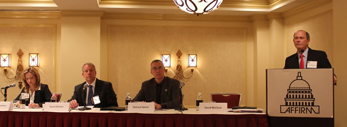 GSA CIO Casey Coleman, DoD Deputy CIO David DeVries, DHS CIO Richard Spires and GSA Associate Administrator Dave McClure, the members of the FedRAMP Joint Authorization Board, hold their first public meeting Friday at the Hamilton Crowne Plaza in Washington D.C. (Photo: David Stegon/FedScoop) 2012_04_fedramp