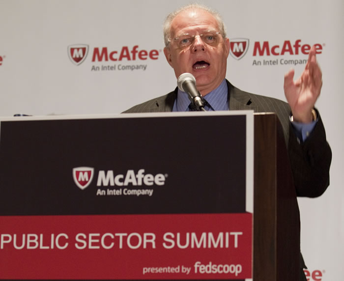 White House Special Assistant and Cyber Security Coordinator Howard Schmidt speaks to attendees at the McAfee Public Sector Summit at the Pentagon City Ritz-Carlton in Arlington, Va., April 11, 2012. 2012_04_howardschmidt1