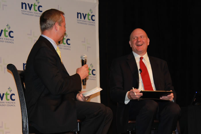 Microsoft CEO Steve Ballmer, right, shares a laugh with Sapient CEO and Northern Virginia Technology Council Chair Brad Antle during an NVTC Titans Breakfast at the Tysons Corner Ritz-Carlton on Thursday. (Photo: David Stegon/FedScoop) 2012_04_steveballmer