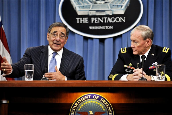 Defense Secretary Leon Panetta and Army Gen. Martin Dempsey, chairman of the Joint Chiefs of Staff, brief the media at the Pentagon, Oct. 25, 2012. (Photo: Glenn Fawcett/DOD) 2012_10_scr_121025-D-NI589-415c