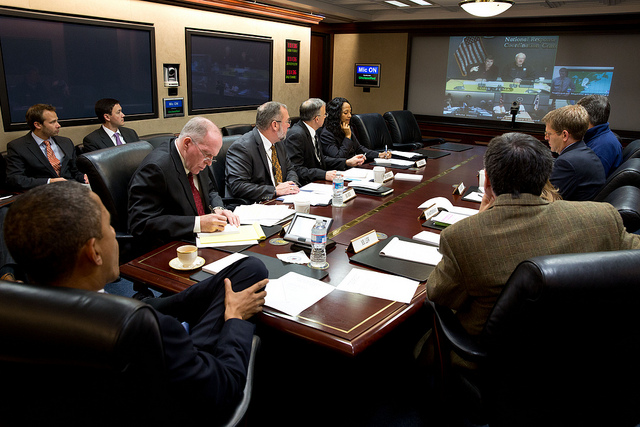 President Barack Obama receives an update on the ongoing response to Hurricane Sandy, in the Situation Room of the White House, Oct. 29 2012. (Photo: White House) 2012_10_8135791006_7be49e4bbe_z
