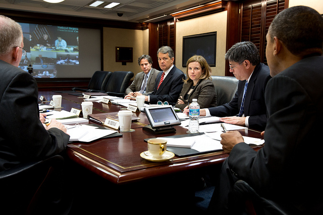 President Barack Obama receives an update from officials via video teleconference on the ongoing response to Hurricane Sandy, in the Situation Room of the White House, Oct. 30, 2012. (Photo: Pete Souza/White House) 2012_10_8138648650_b75d7e783d_z