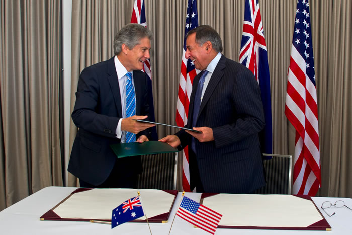 Defense Secretary Leon Panetta and Australian Defense Minister Stephen Smith sign a memorandum of understanding in Perth, Australia, Nov. 14, 2012. (Photo: DOD) 2012_11_leonpanetta